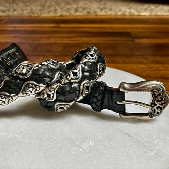 Brighton ~ Vintage ~ Women’s Small ~Black Leather Braided W/Silver Conchos Belt - Picture 3 of 16